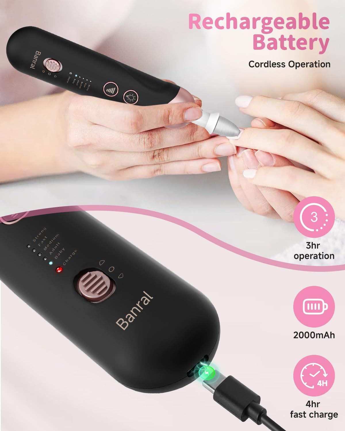 Set manicure elettrico nero e oro rosa. Ricaricabile. 3 ore di autonomia, 2000mAh, 4 ore di ricarica rapida. Banral.