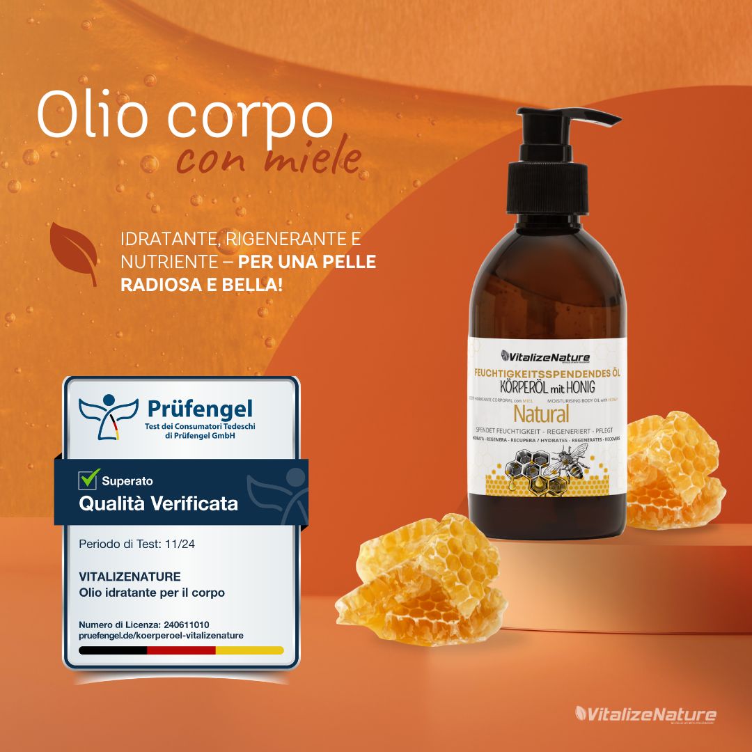 Flacone di olio corpo su pietre, accanto a un sigillo 'Qualità Verificata'.