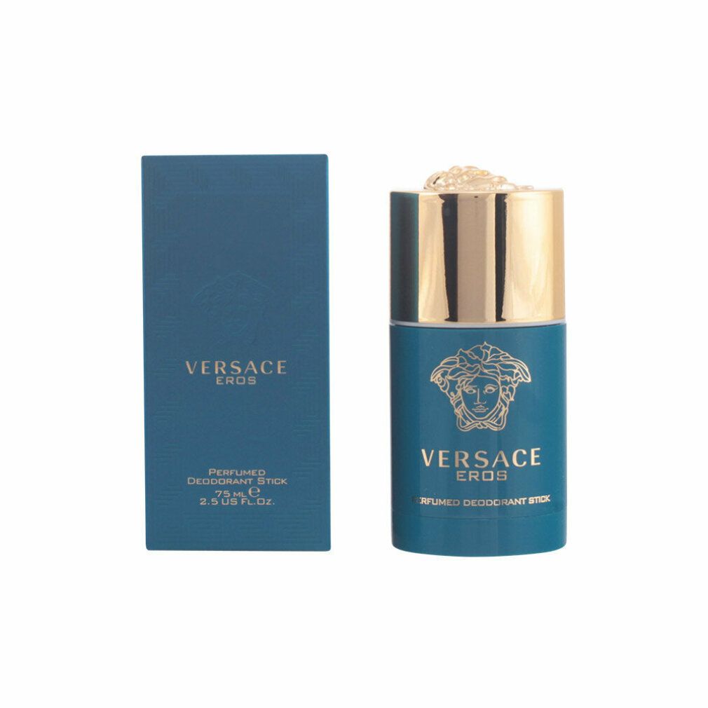 Stick deodorante e scatola. Stick blu con tappo dorato. Scritta VERSACE EROS. Scatola con logo.