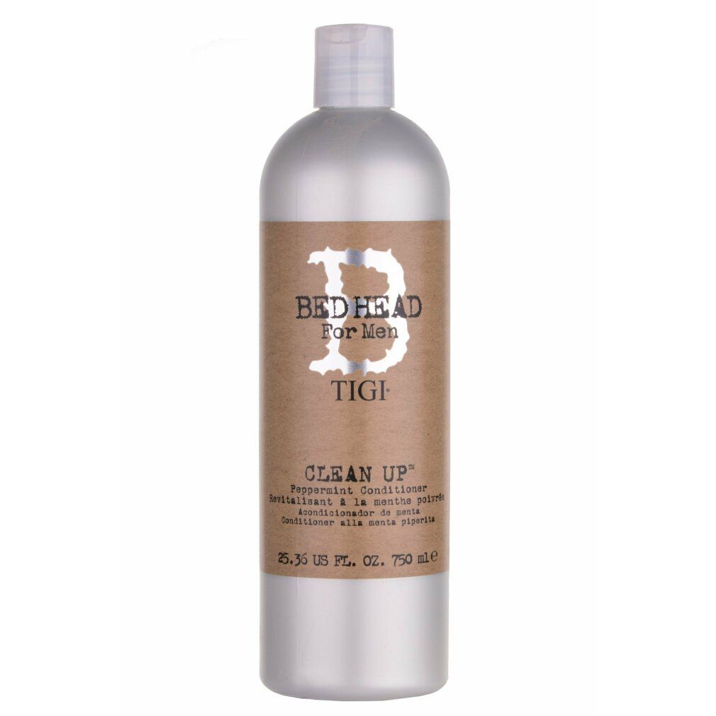 Flacone argentato con etichetta marrone. Scritta: Bed Head For Men, Clean Up Peppermint Conditioner. 750 ml.