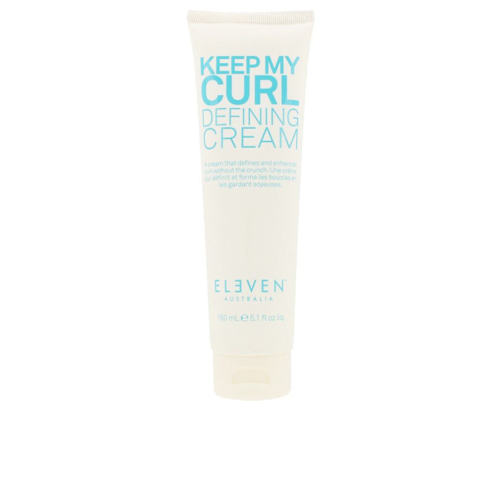 Tubo di crema Keep My Curl Defining Cream. Marchio Eleven Australia. Testo azzurro chiaro su sfondo bianco. Confezione del prodotto.