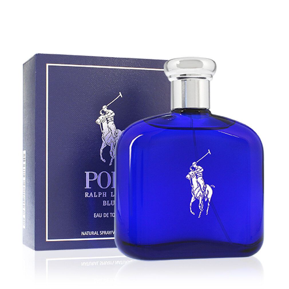 Flacone di profumo blu con tappo argentato e confezione rettangolare. Scritta: POLO RALPH LAUREN BLUE.