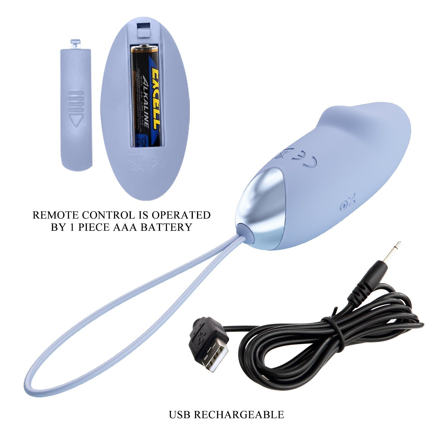 Vibratore azzurro, telecomando, cavo USB e batteria. Il telecomando richiede una batteria AAA. Porta di ricarica USB.