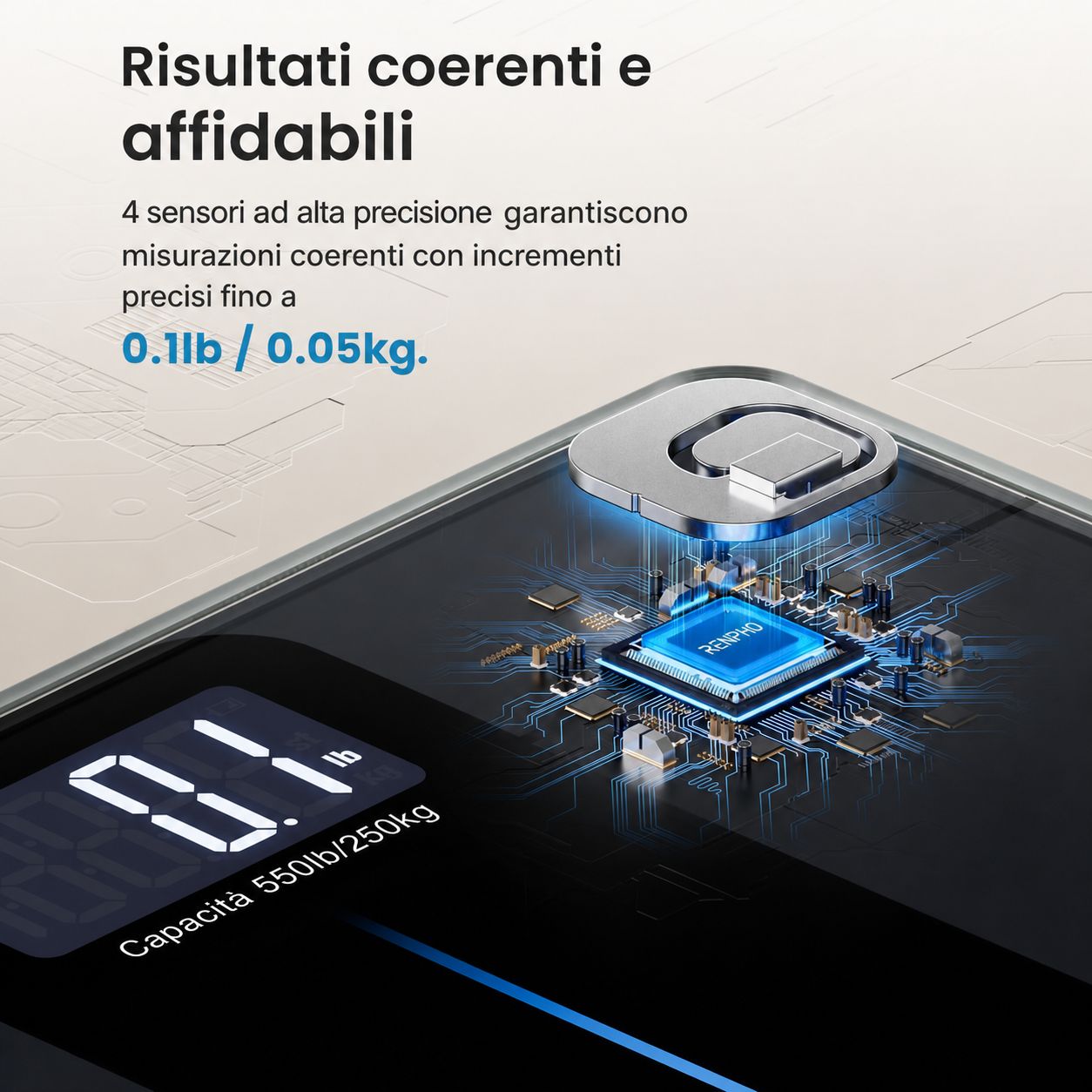 Bilancia digitale. 4 sensori per misurazioni precise. Incrementi di 0,1 lb / 0,05 kg. Design nero.