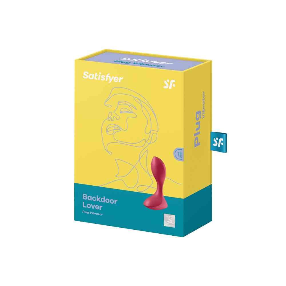 Confezione prodotto giallo-blu con immagine di un vibratore plug rosso. Scritta "Backdoor Lover" e "Satisfyer" sulla confezione.