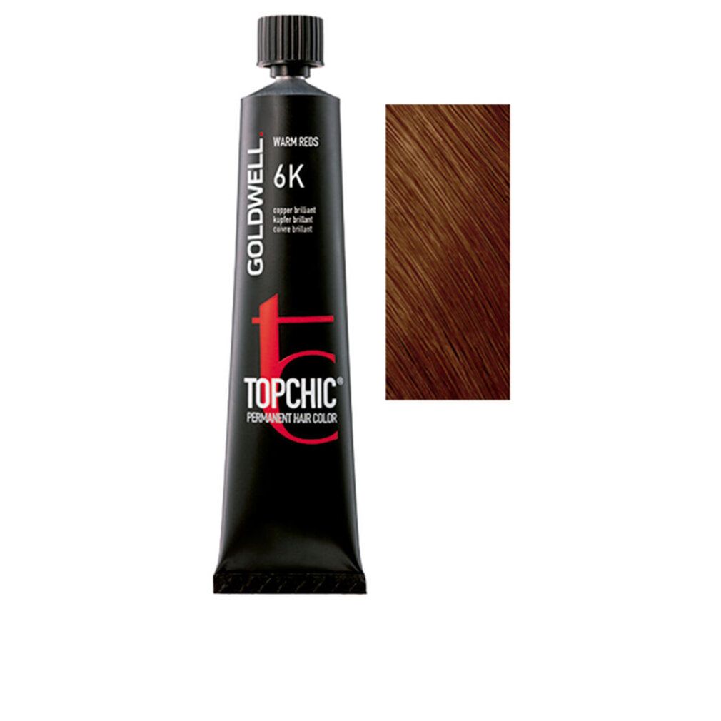 Goldwell Topchic, 6K. Tubo nero con nome del prodotto e campione colore. Warm Reds.