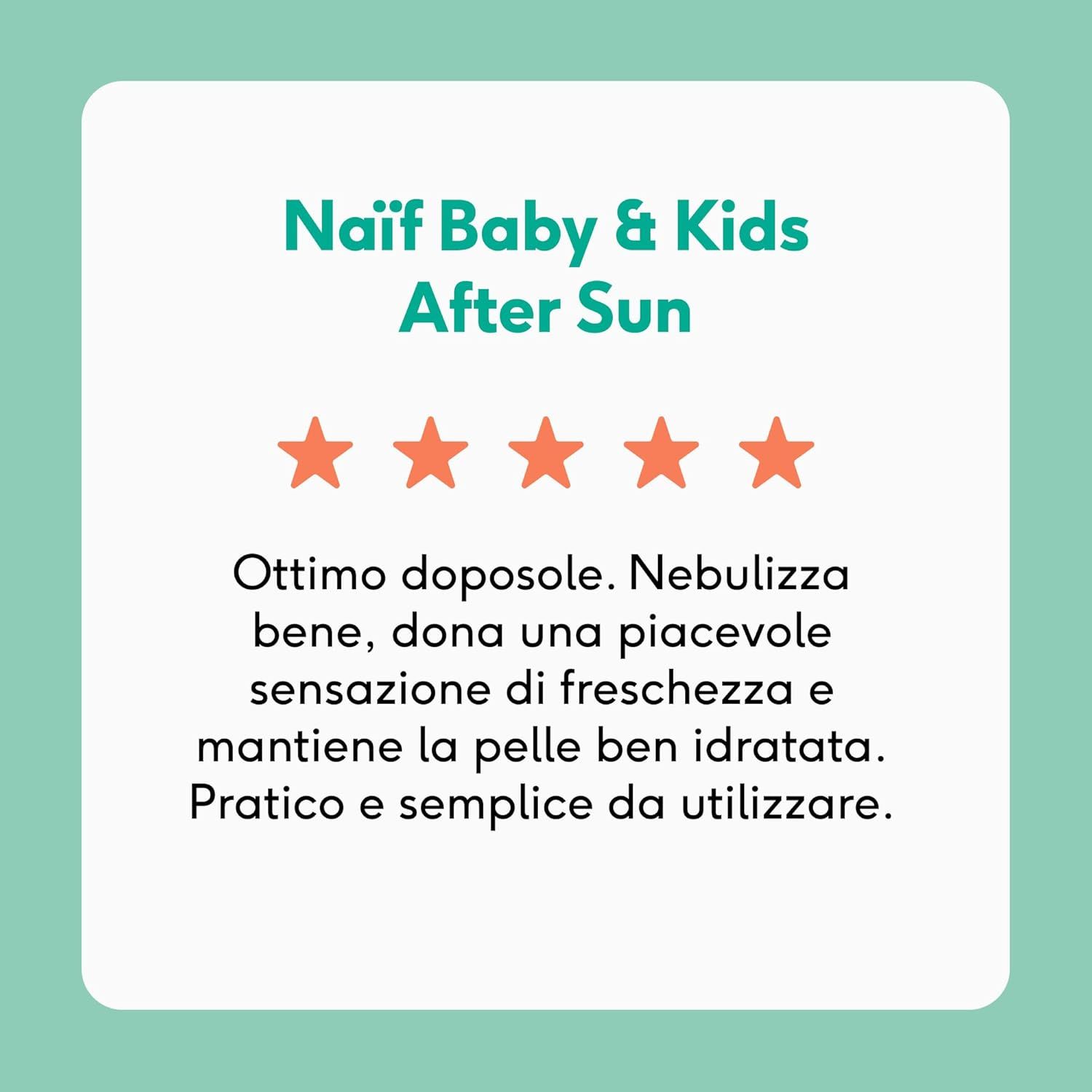 Valutazione del prodotto. Testo: Naïf Baby & Kids After Sun. 5 stelle. Piacevole, rinfrescante, idratante.