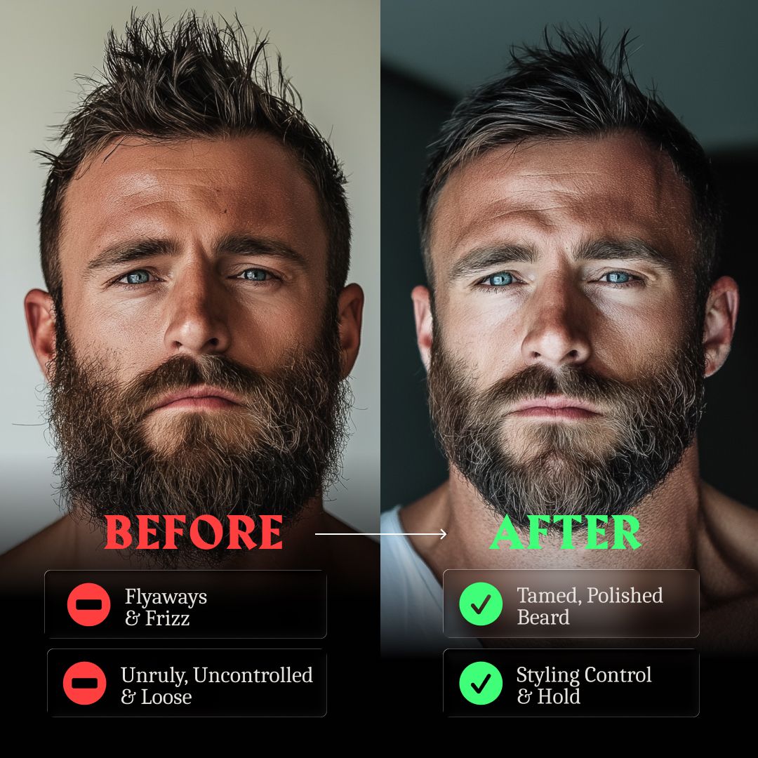 Immagine comparativa di un uomo barbuto: prima trasandato, dopo tagliato e acconciato.