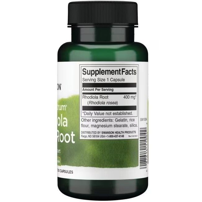 Retro del flacone verde. Scritta: Supplement Facts, Rhodiola Root 400 mg, altri ingredienti, 100 capsule.