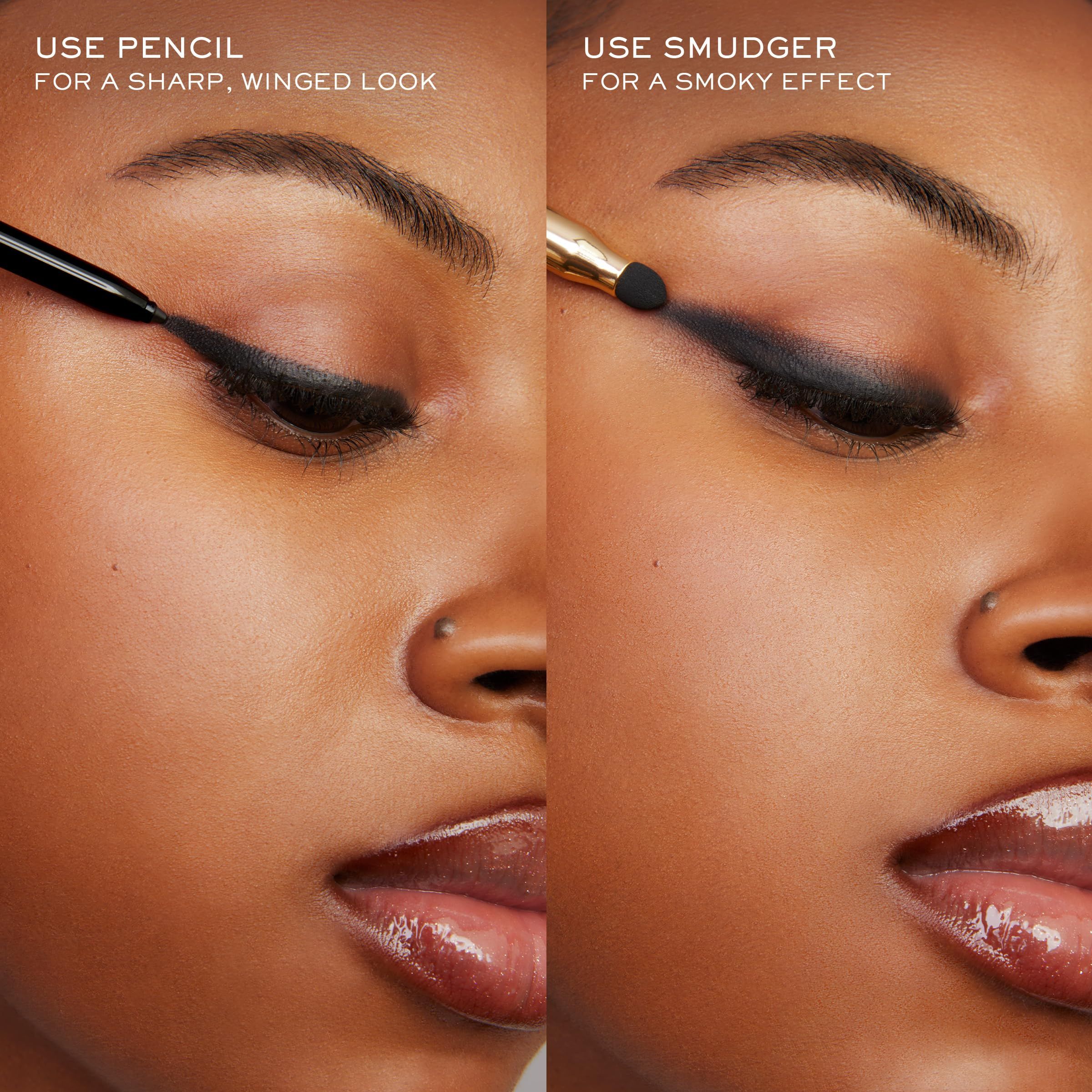 Applicazione di Lancôme Le Stylo Waterproof 02 - Nero Intenso. Due viste: linea precisa ed effetto sfumato.