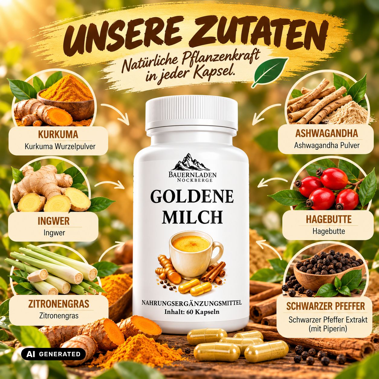 Flacone di capsule Golden Milk da 60 capsule, con rappresentazioni di curcuma e zenzero.