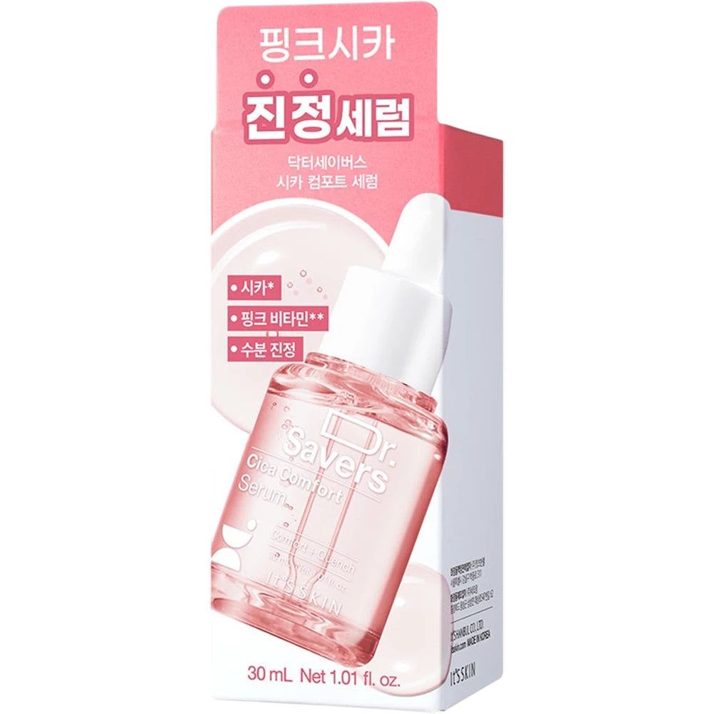 Flacone di siero rosa in confezione. Testo: Dr. Savers Cica Comfort Serum. 30 ml.