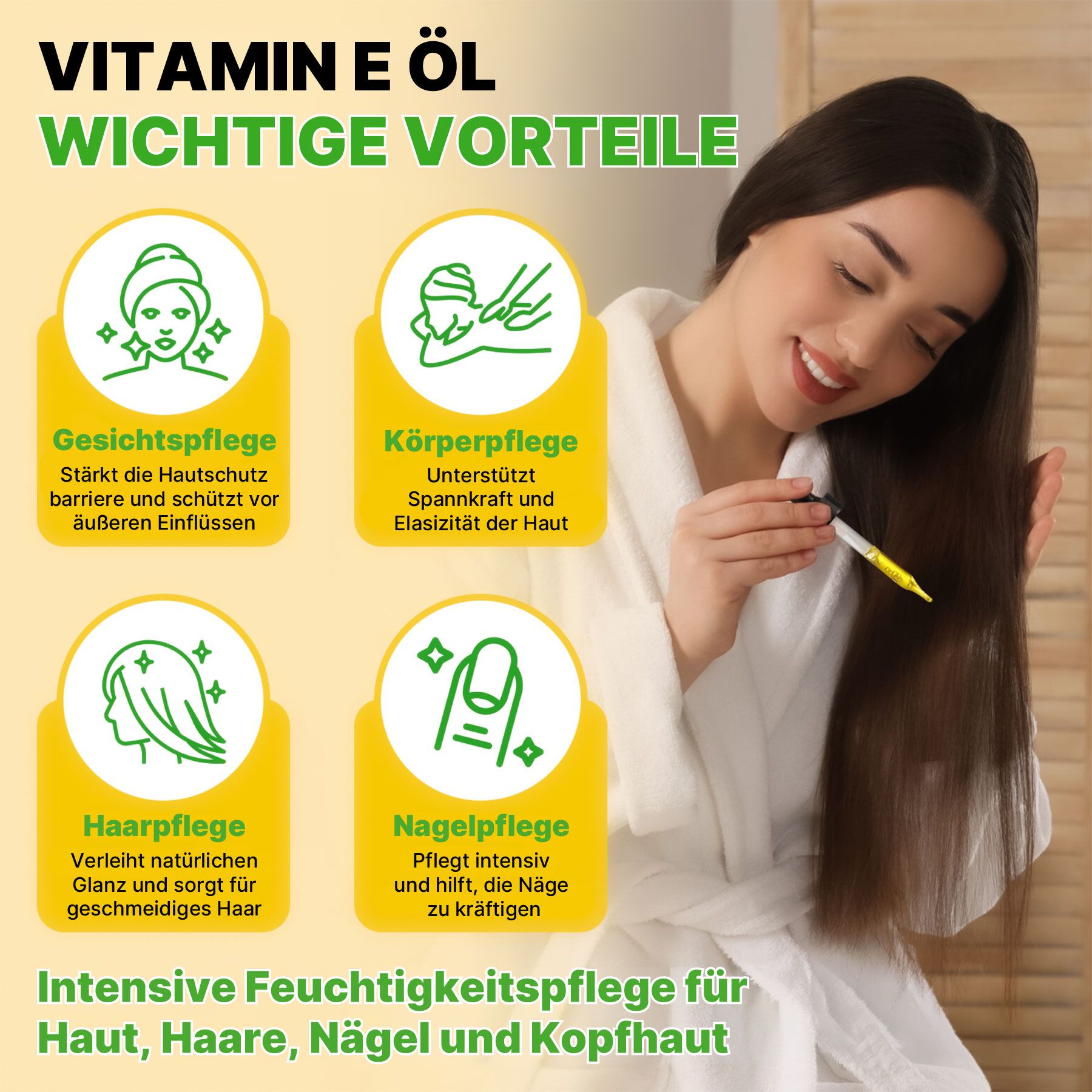 Olio di Vitamina E: Benefici importanti per viso, corpo, capelli e unghie. Con contagocce.
