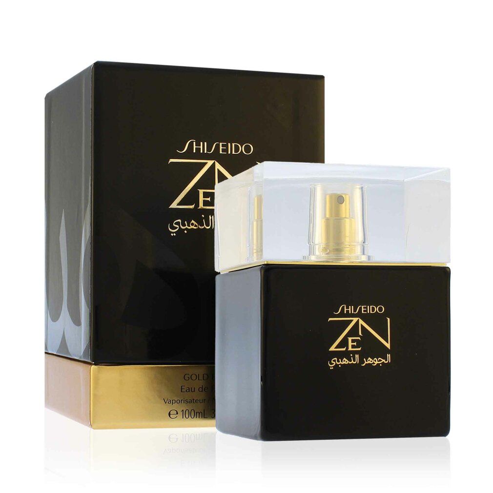 Flacone nero con vaporizzatore dorato e tappo. Confezione nera con scritta dorata. Shiseido Zen Elixir De Oro.