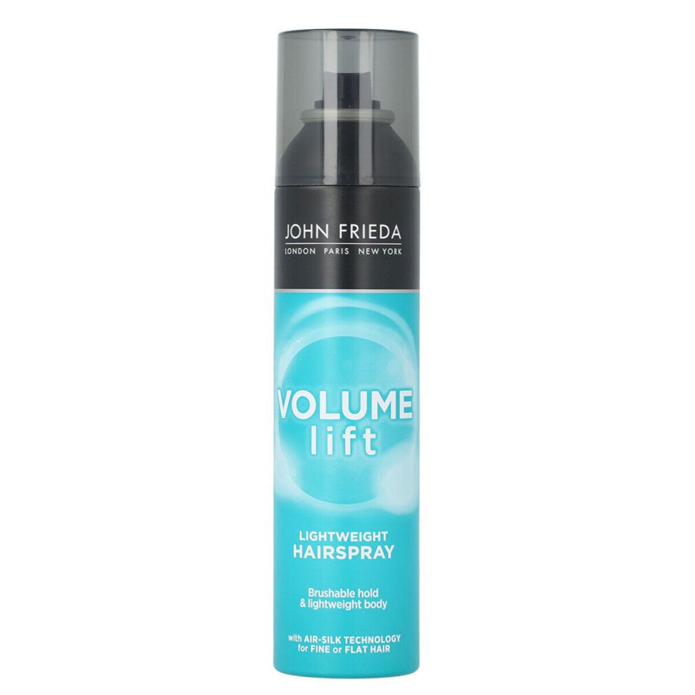 John Frieda Volume Lift Hairspray. Flacone spray turchese e nero. Testo: Volume Lift, Lightweight Hairspray.
