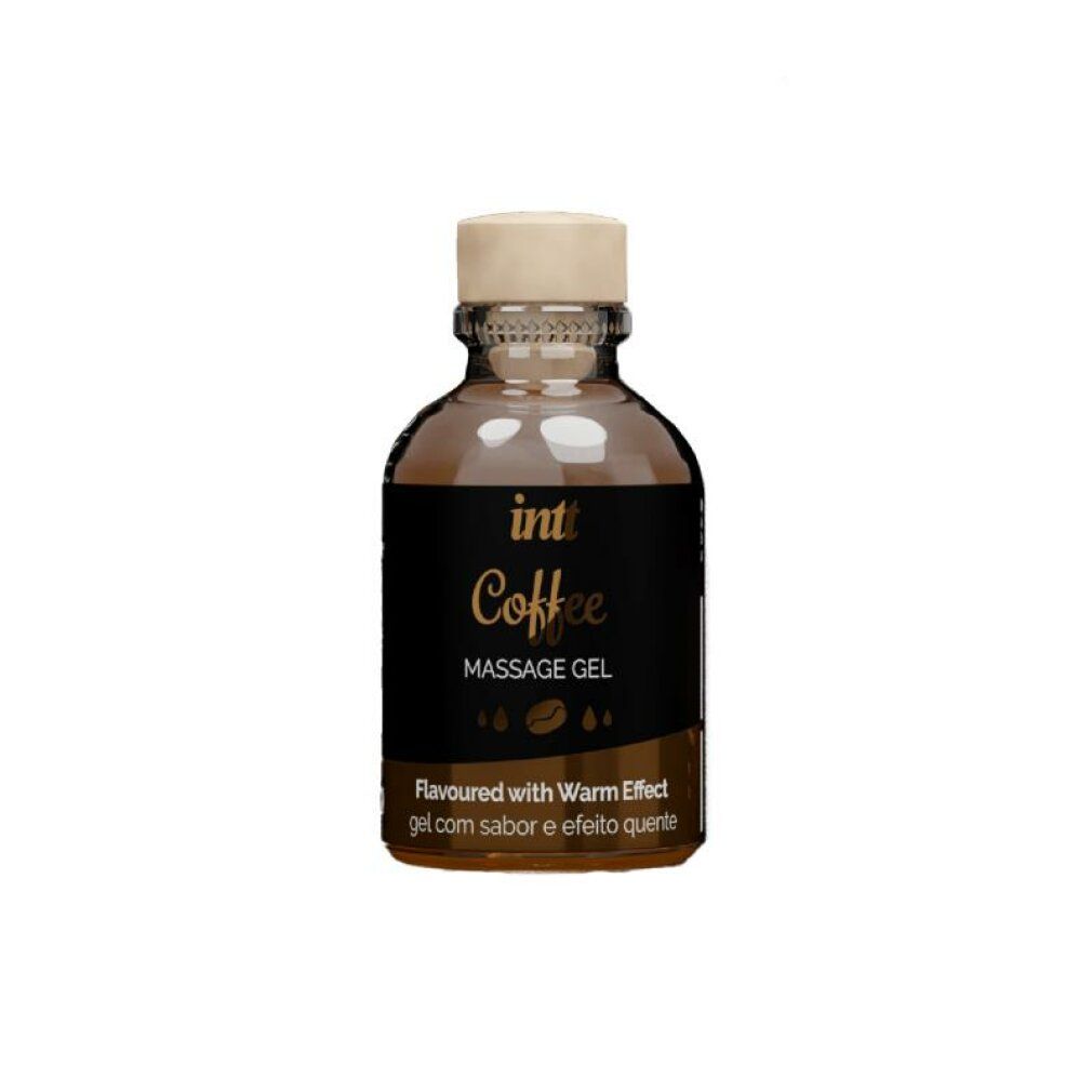 Bottiglia di vetro marrone con etichetta nera. Scritta: intt Coffee Massage Gel. Con effetto caldo.