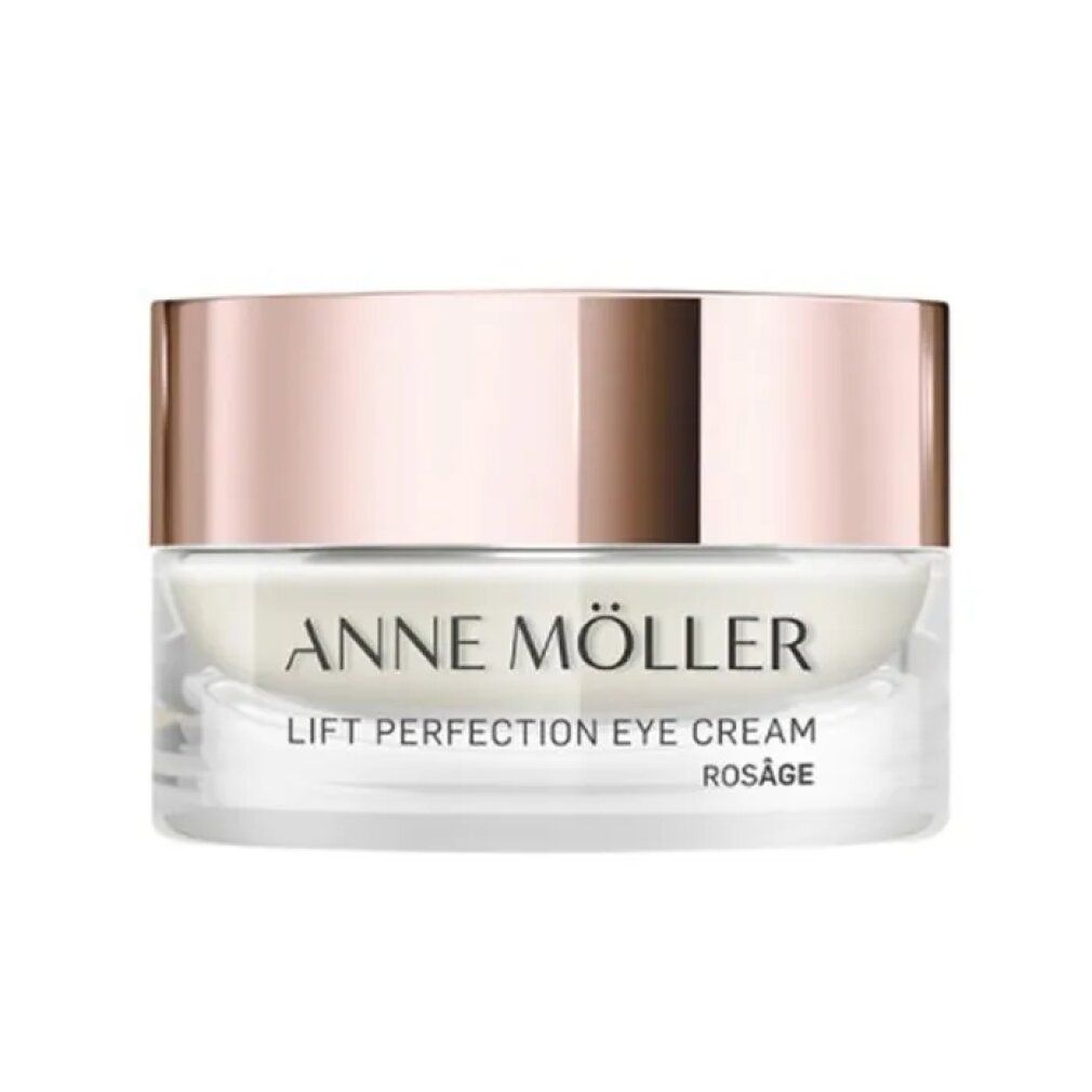 Vasetto di crema con coperchio color oro rosa. Scritta: ANNE MÖLLER, LIFT PERFECTION EYE CREAM, ROSÂGE.
