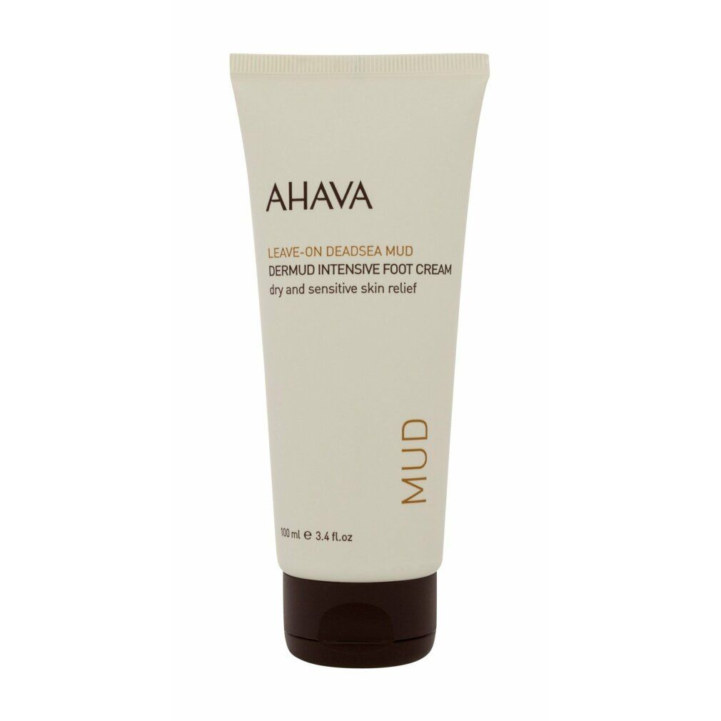 Tubo di crema con logo AHAVA, LEAVE-ON DEADSEA MUD, Dermud Intensive Foot Cream. Scritta: dry and sensitive skin relief.