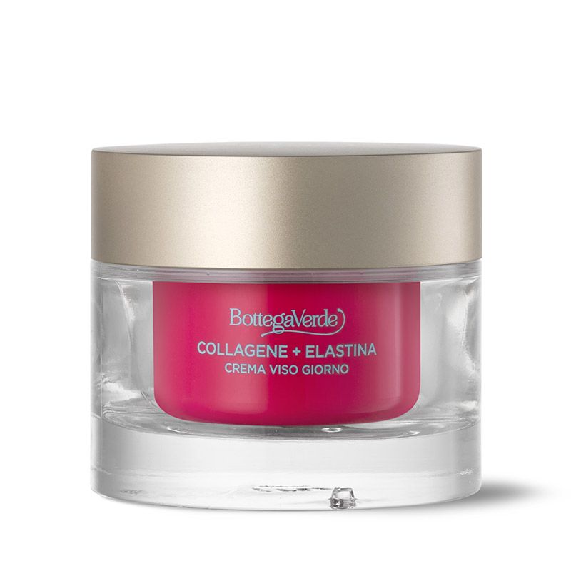 Vaso di crema con coperchio dorato. Scritta: Bottega Verde, Collagene + Elastina, Crema viso giorno.