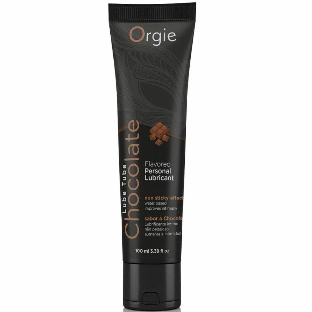 Tubo nero con nome del prodotto e immagine cioccolato. Marchio: Orgie. Testo: Chocolate, Flavored Personal Lubricant.