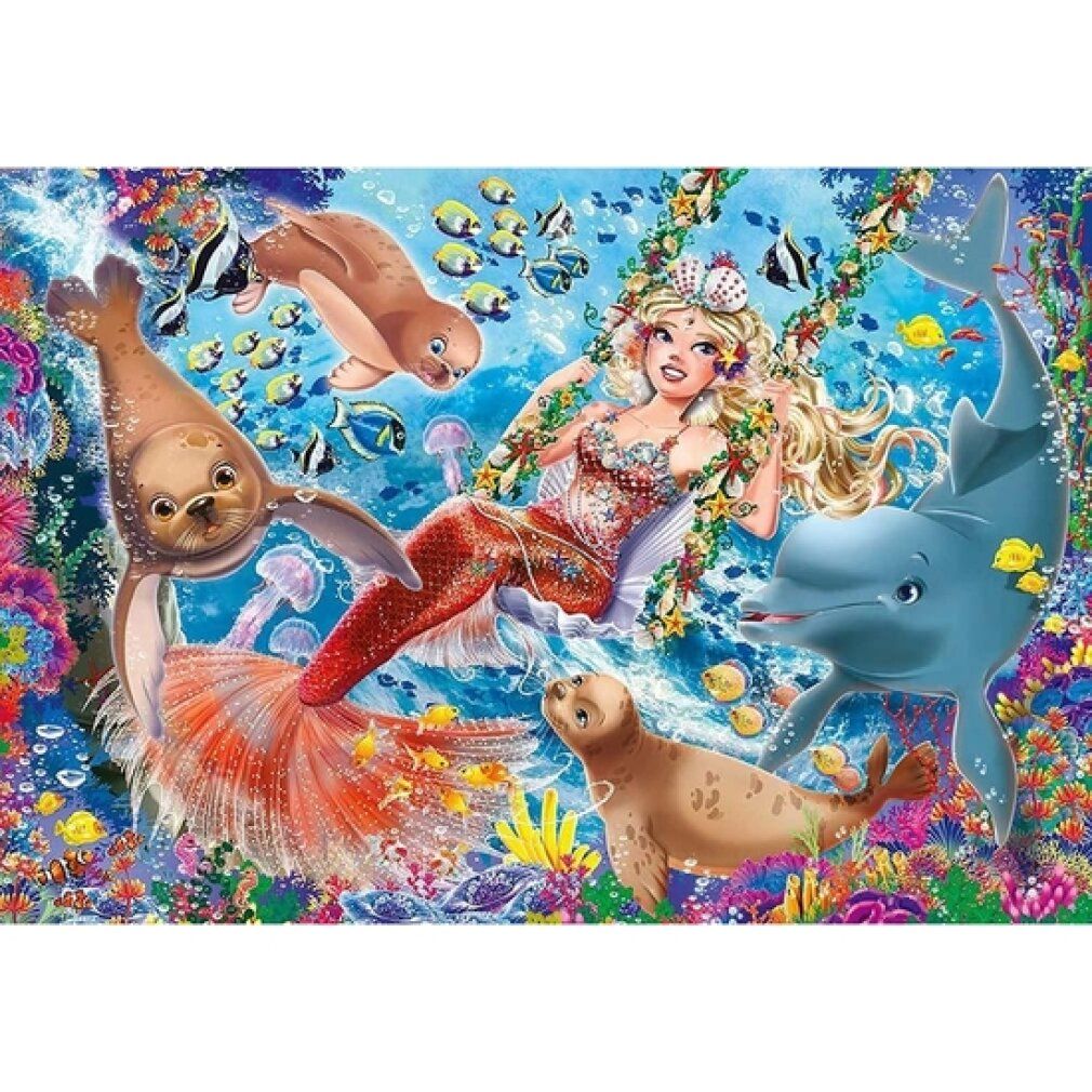 Puzzle con motivo sirene. Sirena su un'altalena, circondata da foche e un delfino. Mondo sottomarino colorato con pesci.