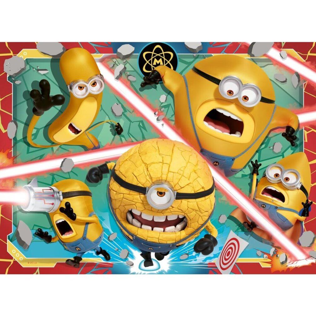 Puzzle con i Minions in azione, circondati da raggi laser rossi e distruzione. Bersaglio visibile.