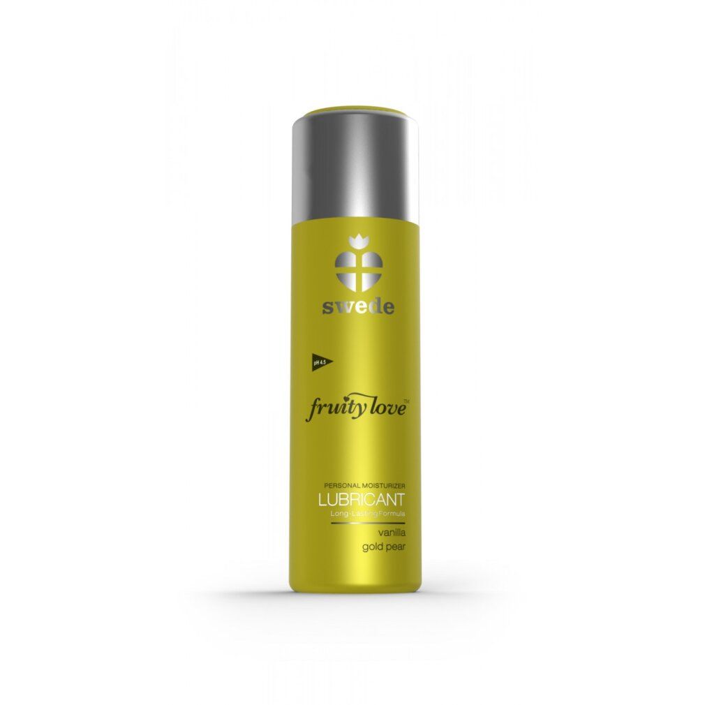 Flacone giallo con tappo argentato. Scritta: Swede, Fruity Love, Lubricant, Vanilla Gold Pear.