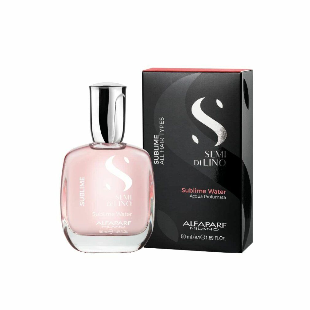 Flacone rosa con tappo argentato e confezione nera. Scritte: Sublime, Semi di Lino, Alfaparf Milano. Contenuto: 50 ml.