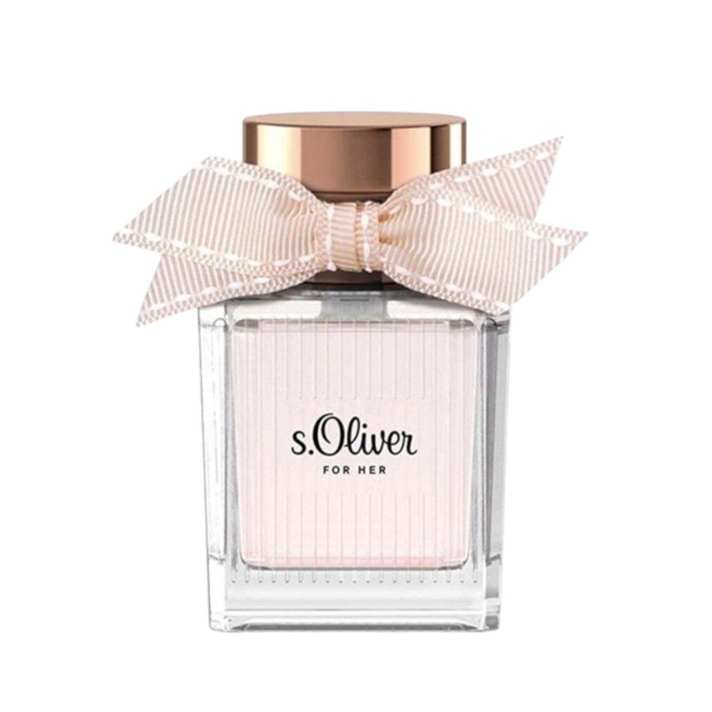 Flacone quadrato in vetro con contenuto rosa, tappo dorato e fiocco. Scritta: s.Oliver FOR HER.