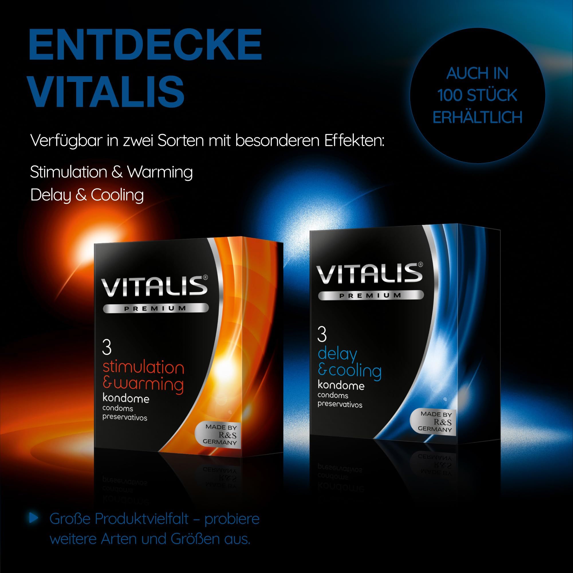 Preservativi Vitalis: Varianti Delay & Cooling e Stimulation & Warming. Disponibili anche in confezioni da 100.