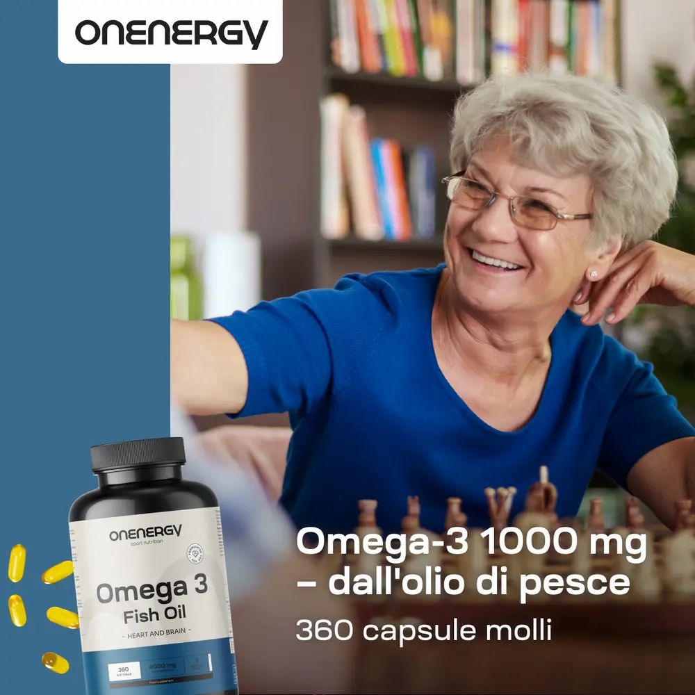 Donna gioca a scacchi, flacone di Omega 3. Testo: Omega-3 1000 mg - dall'olio di pesce. 360 capsule molli.