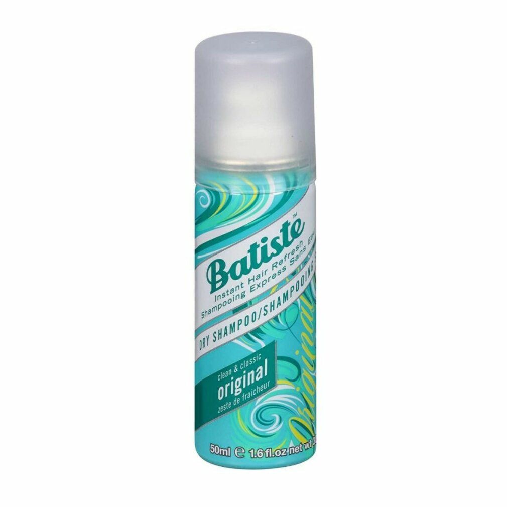 Flacone di shampoo secco con tappo bianco. Design turchese, giallo e bianco. Scritta: Batiste Original. 50ml.
