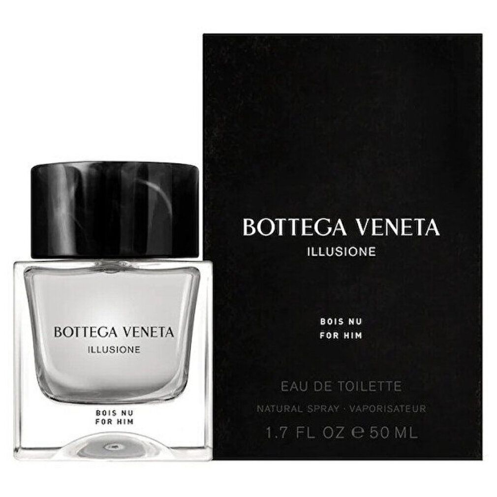 Flacone di profumo e scatola. Flacone quadrato, trasparente. Scritto: BOTTEGA VENETA ILLUSIONE BOIS NU FOR HIM.