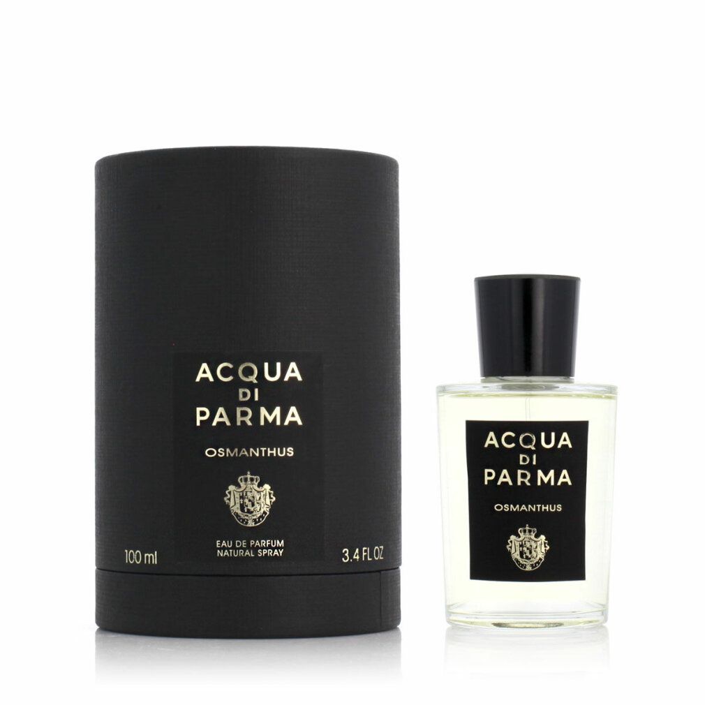Flacone in vetro e confezione cilindrica. Testo: Acqua di Parma Osmanthus Eau de Parfum Spray.