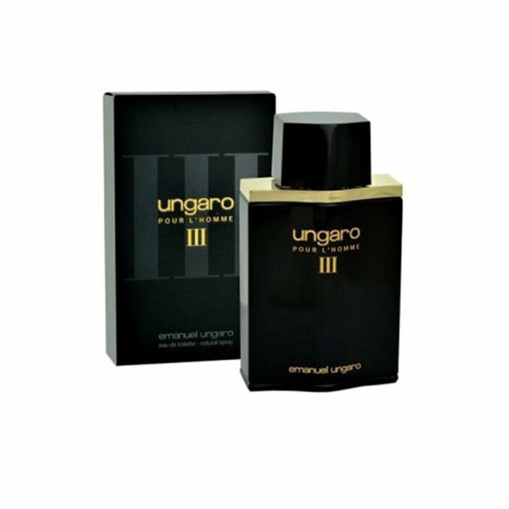 Flacone e scatola neri. Sul flacone, "ungaro POUR L'HOMME III". Sulla scatola, "emanuel ungaro eau de toilette".