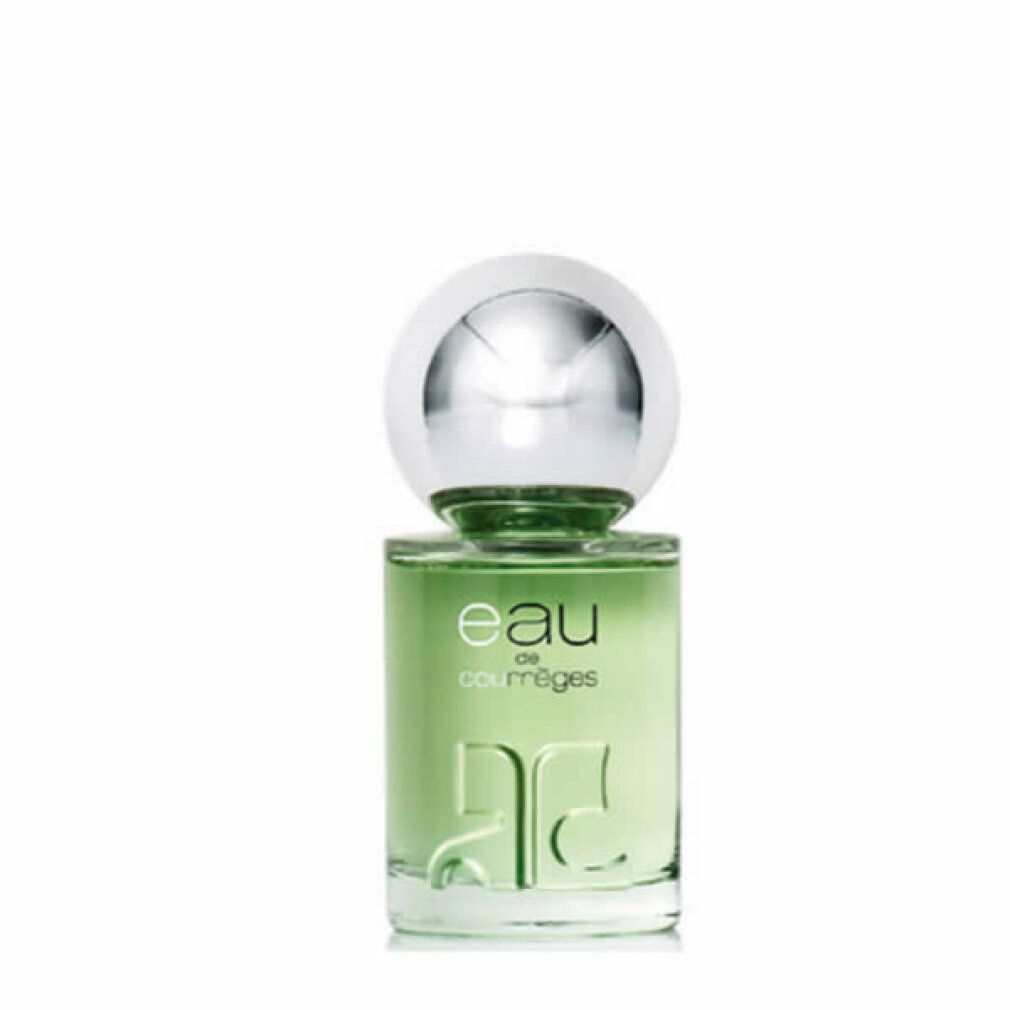 Flacone in vetro verde con tappo argentato. Scritta "eau courrèges".