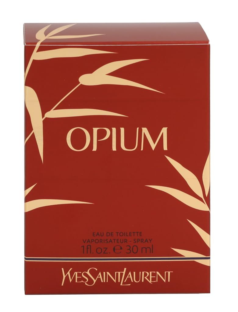 Scatola rossa con motivo bambù dorato e scritta "Opium". Testo: Eau de Toilette, Yves Saint Laurent.