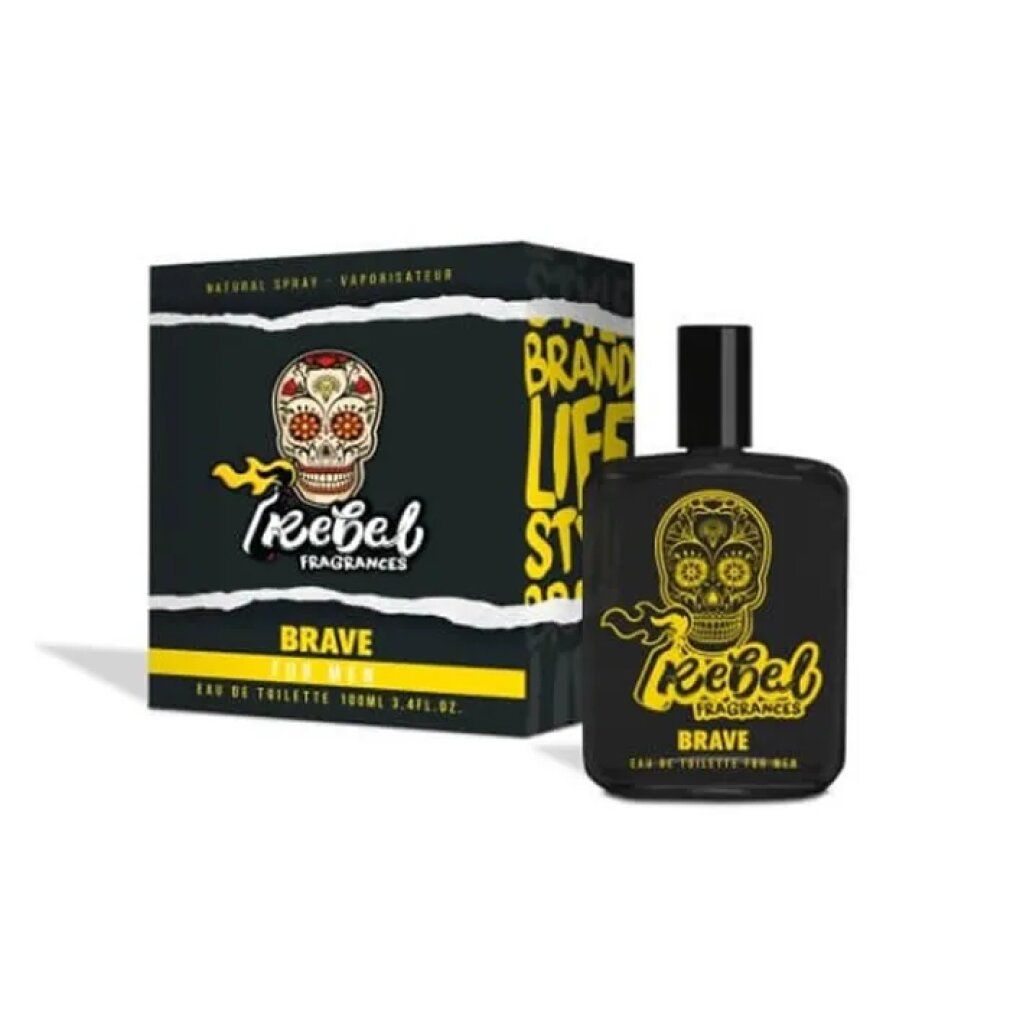 Flacone e scatola neri con teschio. Testo "Rebel Fragrances Brave". Eau de toilette.