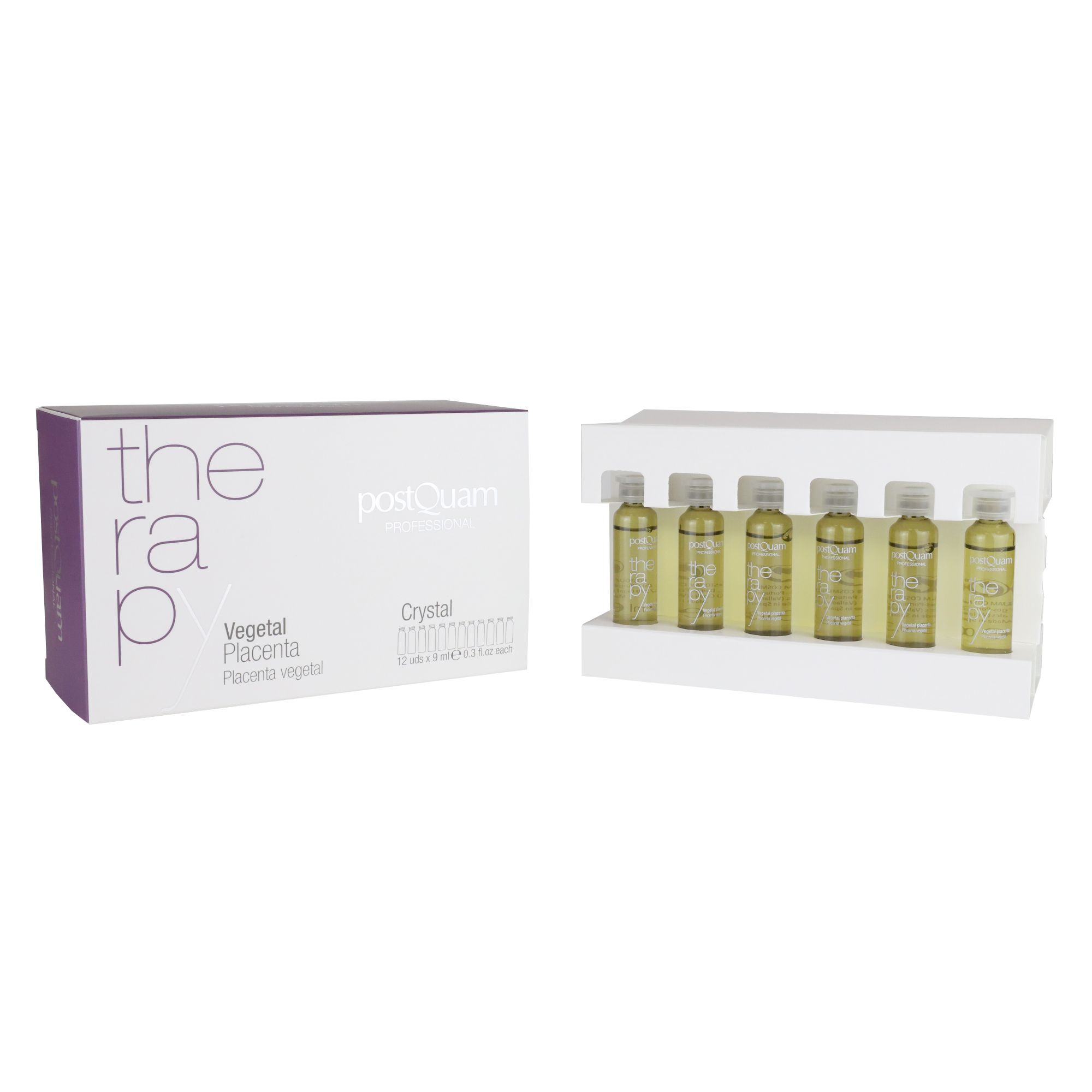 Scatola con fiale. Scritta 'therapy' e 'postQuam'. 6 fiale con liquido giallastro. 'Crystal' e 'Placenta vegetal'.