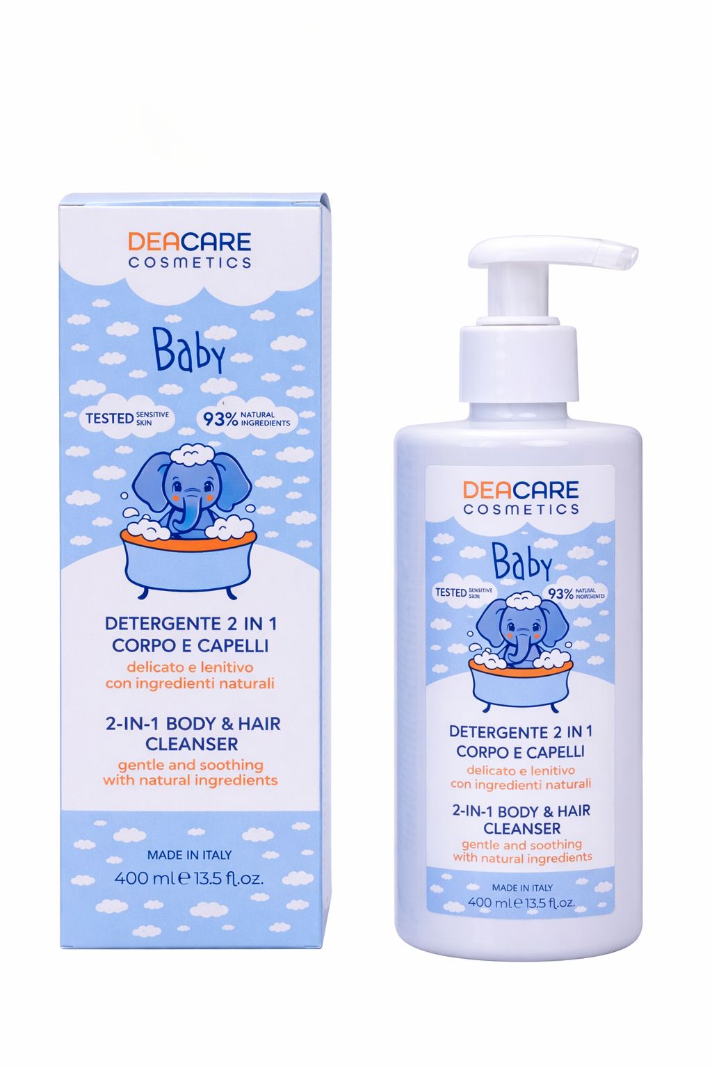 Prodotto con confezione. Flacone bianco con dosatore a pompa e scatola. Etichette con illustrazione bambino e testo: Detergente 2 in 1 corpo e capelli.