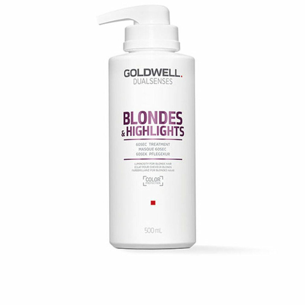 Flacone bianco con dosatore. Scritta: GOLDWELL, BLONDES & HIGHLIGHTS, 60 secondi Treatment. Volume: 500ml.