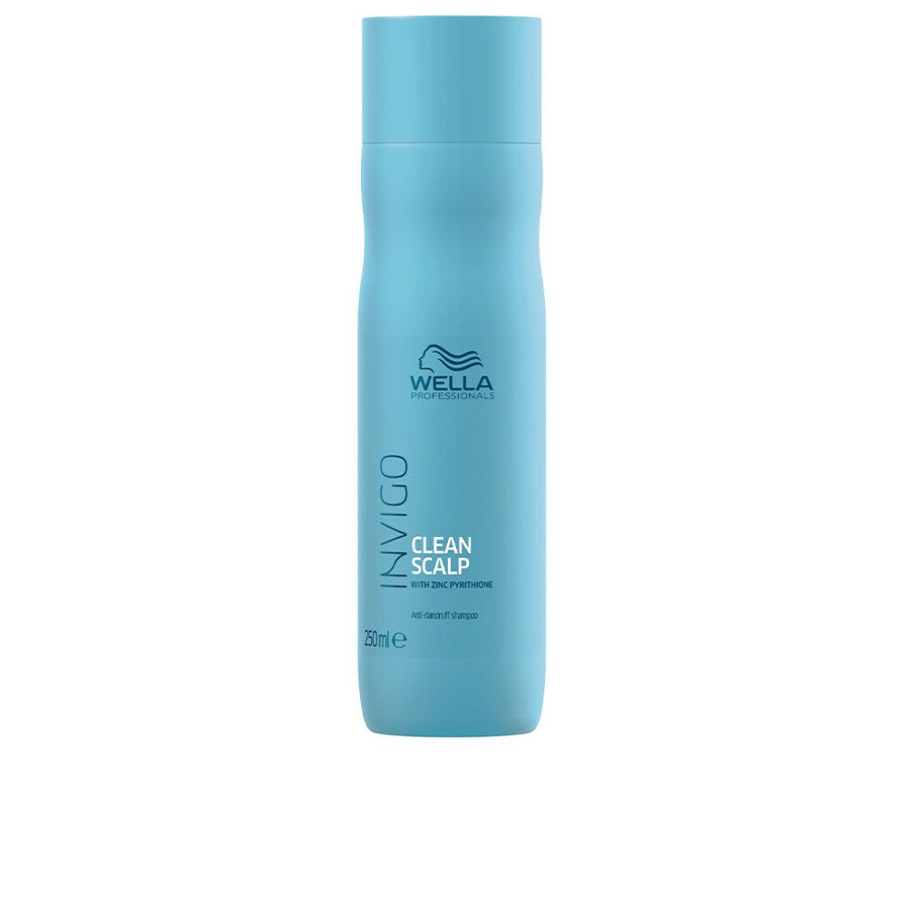 Shampoo azzurro con scritta INVIGO CLEAN SCALP e logo. Flacone con tappo blu.
