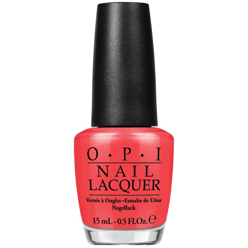 Flacone di smalto rosso con tappo nero. Scritta OPI Nail Lacquer. 15 ml.