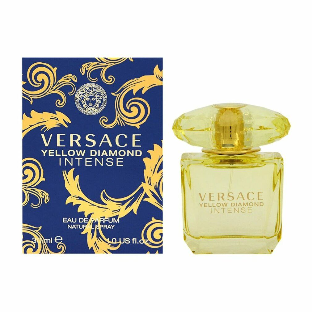 Prodotto e scatola affiancati. Scritta: VERSACE YELLOW DIAMOND INTENSE. Flacone e scatola in blu e oro.