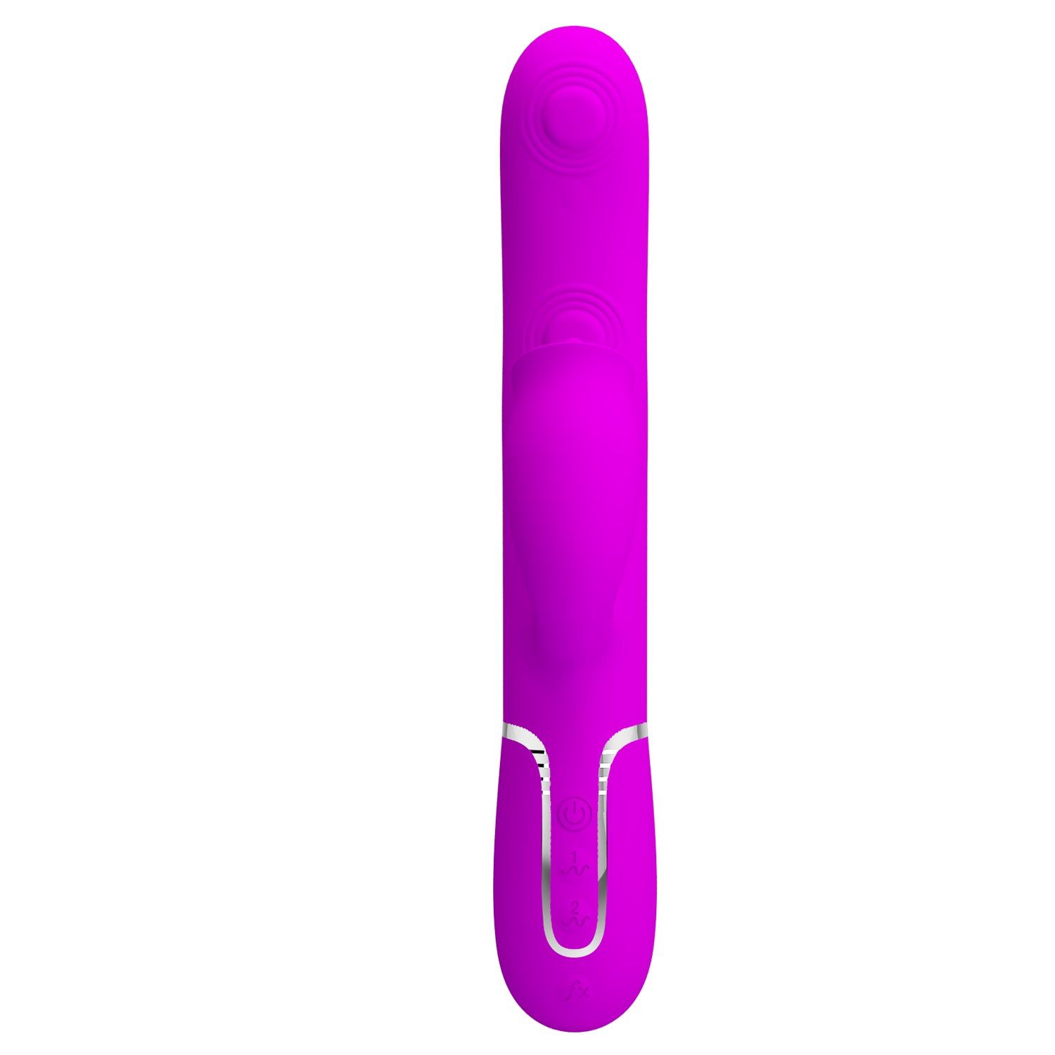 Vibratore viola con superficie liscia e dettagli argentati. Vista verticale.