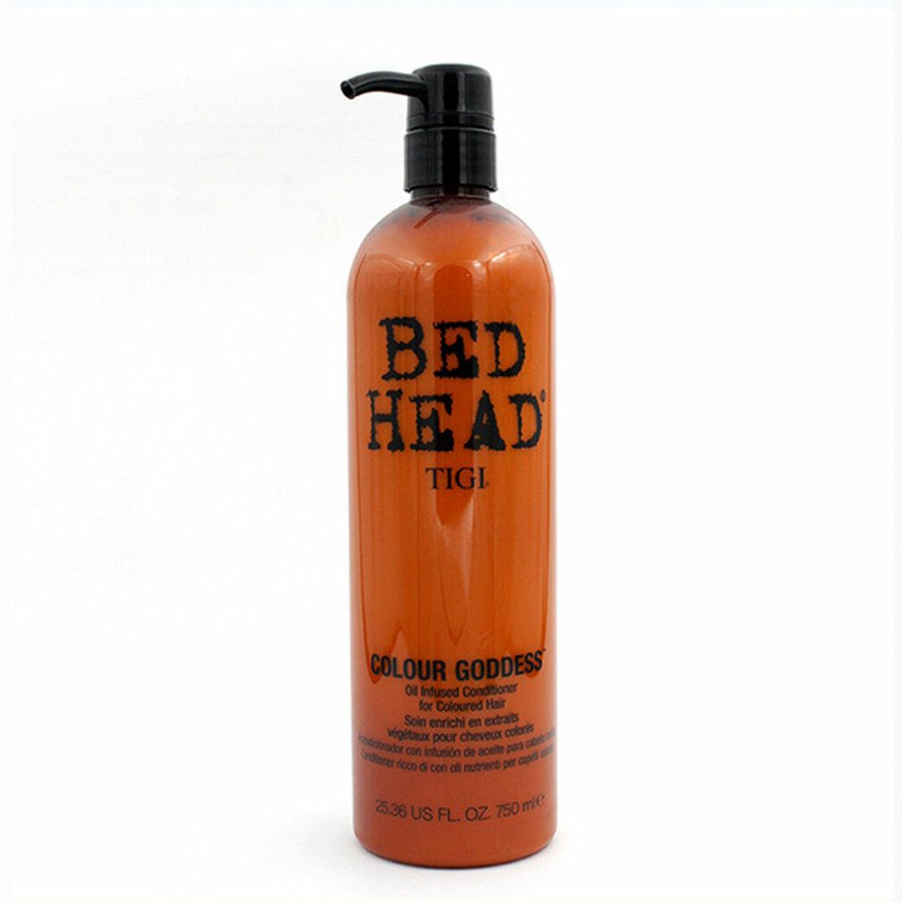 Flacone arancione con dosatore nero. Scritte: BED HEAD, TIGI, COLOUR GODDESS. Testo multilingue.