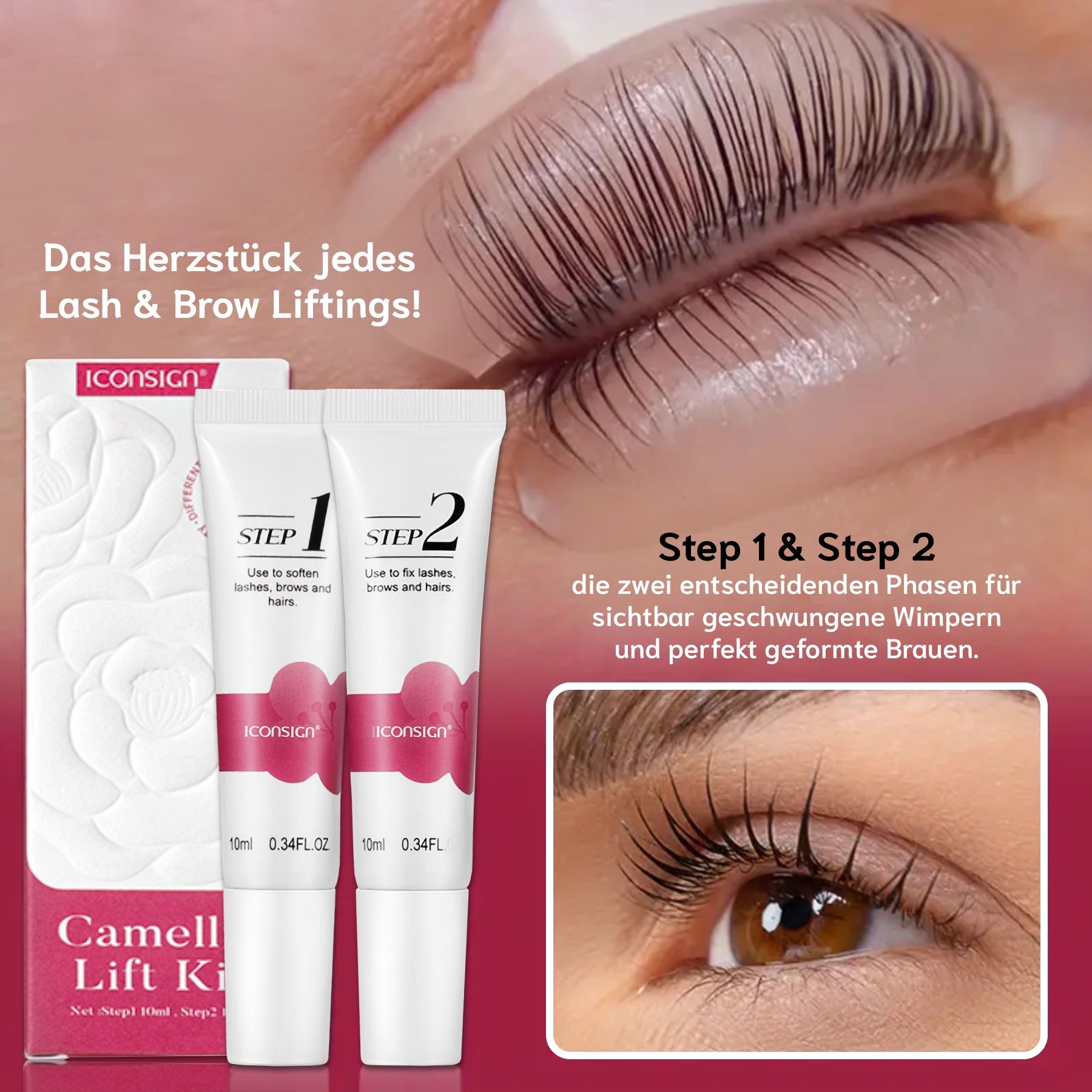 Due tubi con "STEP 1" e "STEP 2" accanto a una confezione con "ICONSIGN" e "Camellia Lift Kit".