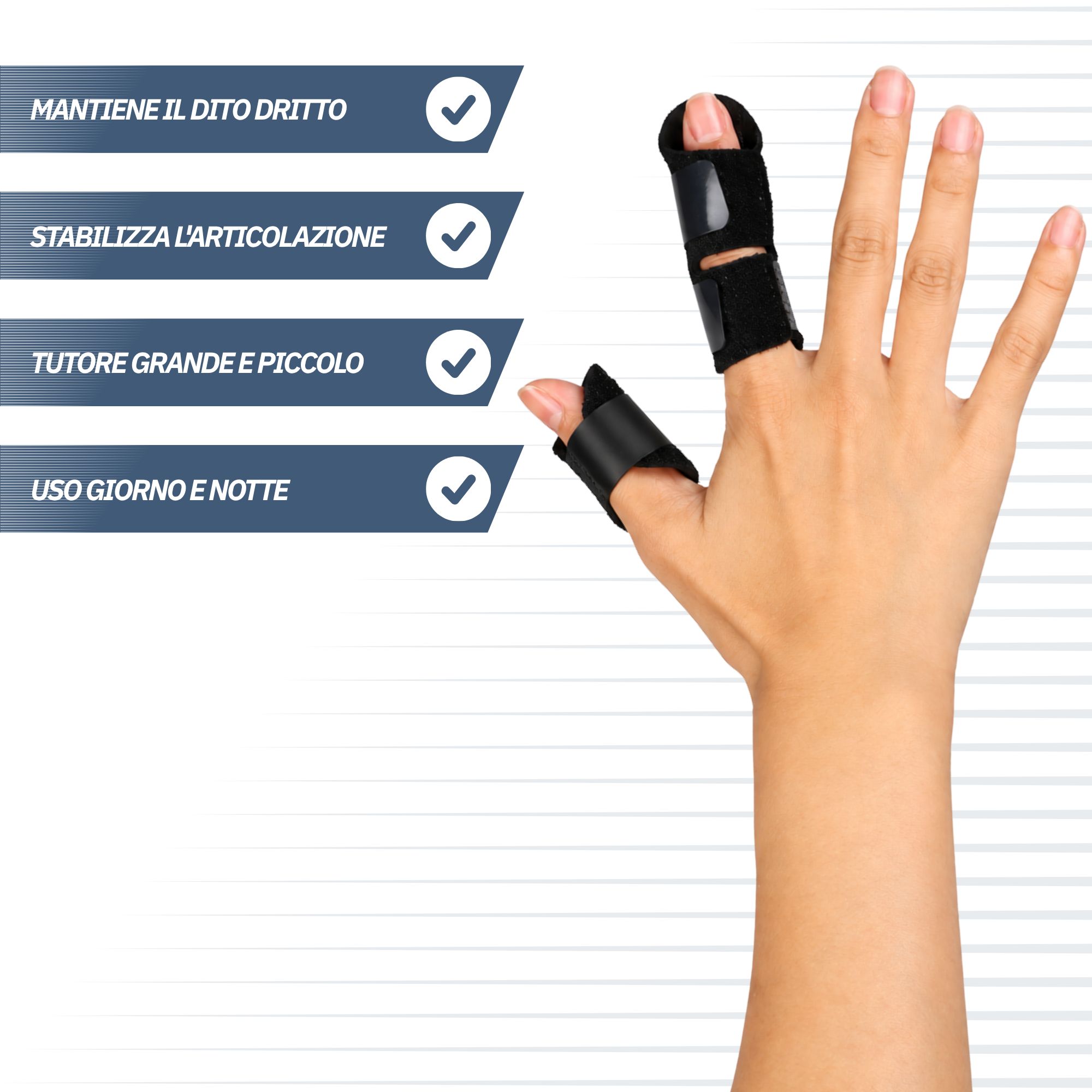 Tutore per dito per stabilizzare l'articolazione, con anima in alluminio e velcro regolabile.