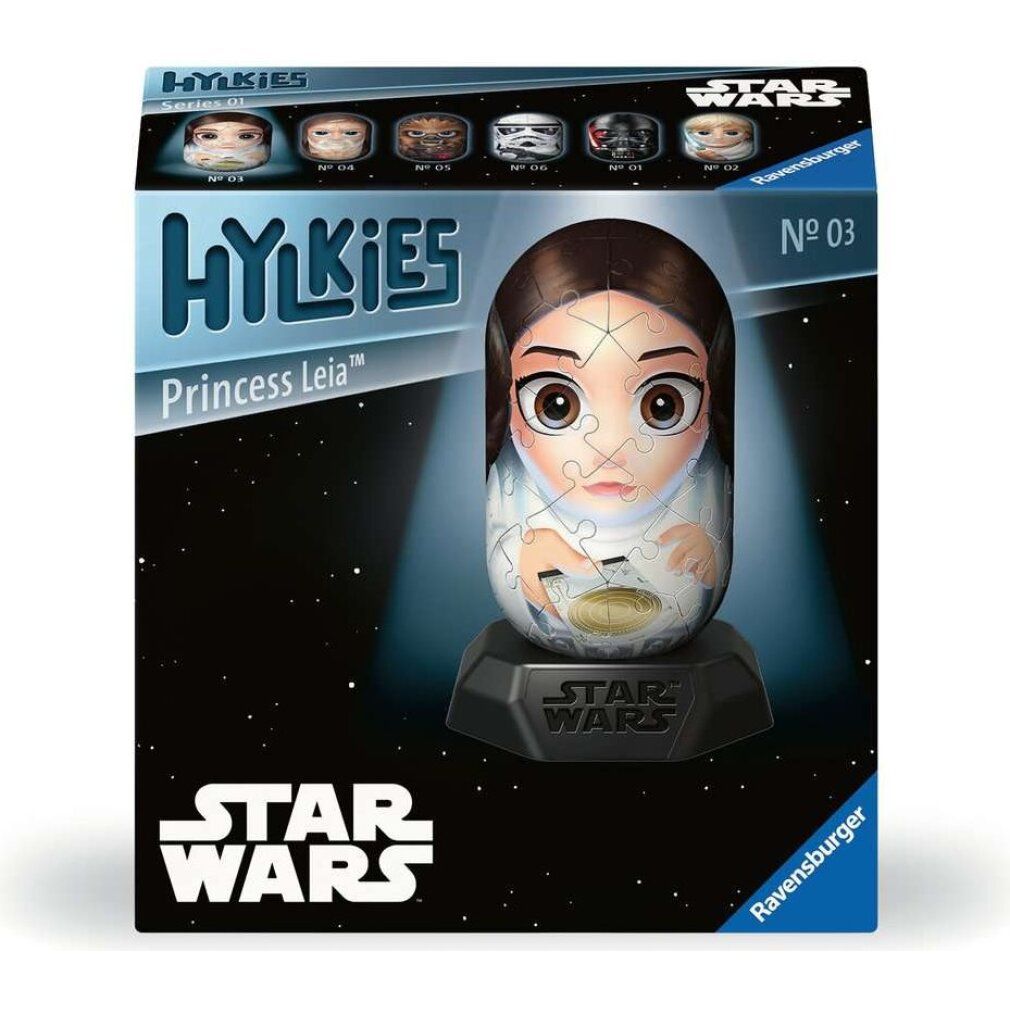 Confezione con puzzle 3D di Principessa Leia. Logo Star Wars e scritta Hylkies. Pezzi del puzzle formano il volto.