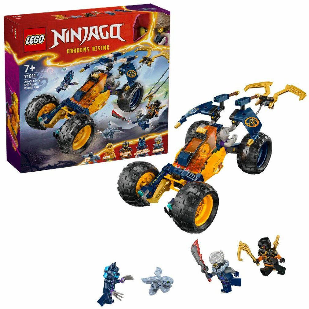 Set LEGO Ninjago. Buggy fuoristrada giallo-blu con pneumatici neri e personaggi. Confezione accanto.